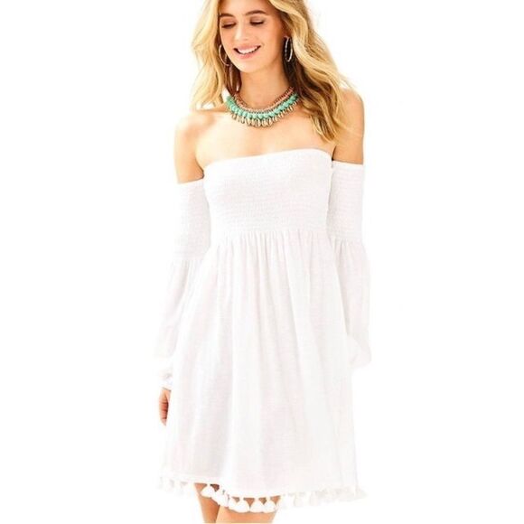 Lilly Pulitzer Dresses & Skirts - Lilly Pulitzer Trina Beach Mini Dress Smocked White Off Shoulder Size XXS